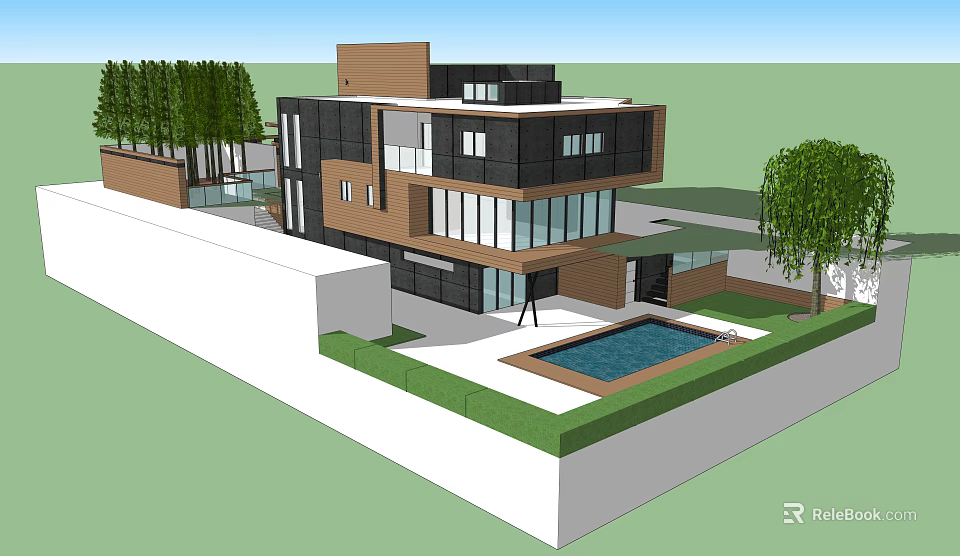 Modern Detached Villa with Large Glass Windows Swimming Pool Lush Greenery and Well Maintained Lawn 3d model 