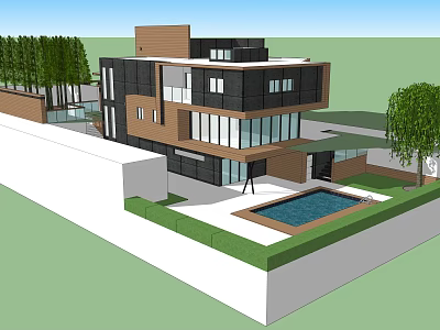 Modern Detached Villa with Large Glass Windows Swimming Pool Lush Greenery and Well Maintained Lawn 3d model