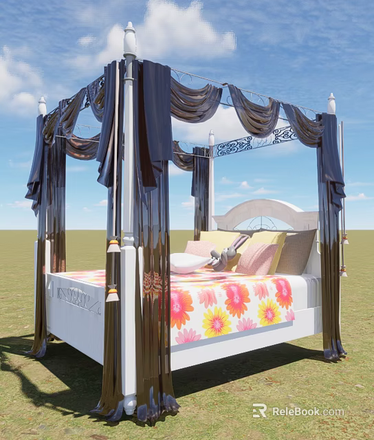 Four Poster Children's Bed With Dark Drapes And Colorful Floral Bedding 3d model 