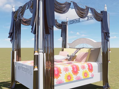 Four Poster Children's Bed With Dark Drapes And Colorful Floral Bedding 3d model