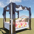 Four Poster Children's Bed With Dark Drapes And Colorful Floral Bedding