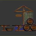 Food Stall Featuring Blue White Striped Awning Shelves Wooden Barrels And Small Round Tables