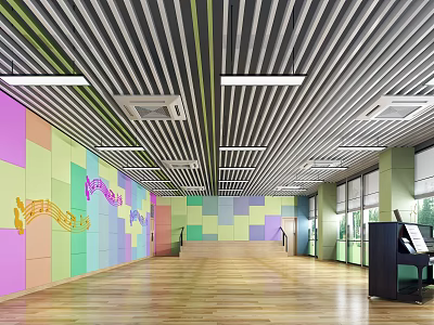 Book Art Learning Space With Colorful Walls Music Note Patterns Wooden Floors And Black Piano 3d model