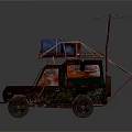 Rusty Off Road Vehicle With Blue Barrel And Antenna On Roof