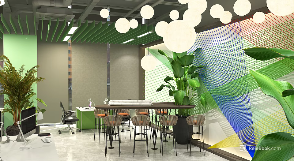 Modern Public Office Space Interior With Open Layout Green Plants And Hanging Pendant Lights 3d model 