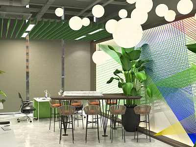 Modern Public Office Space Interior With Open Layout Green Plants And Hanging Pendant Lights 3d model