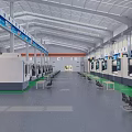 Industrial Factory Workshop With Neatly Arranged Machine Tools Equipment Long Tables Chairs On Green Floor