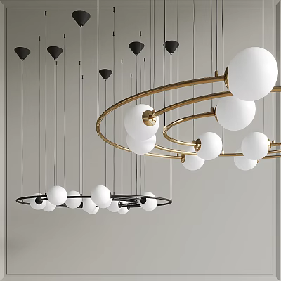 Modern Chandelier Design With Gold Black Circular Rings And White Spherical Bulbs 3d model