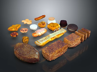 Assorted Delicious Food Variety Including Bread Cakes Cookies And Meat Items 3d model