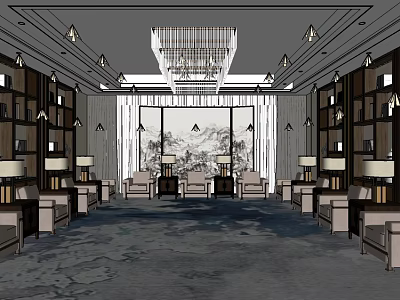 Hotel Public Lounge Interior Design With Chandelier Sofas Coffee Tables Bookshelves And Decorative Painting 3d model