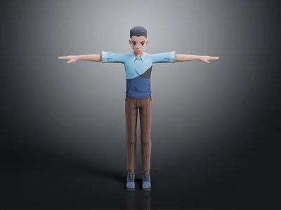 3D Human Character Model With Blue Shirt Brown Pants And Outstretched Arms 3d model