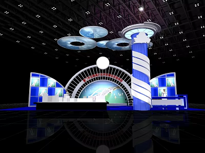 Modern Exhibition Reception Desk Design With LED Lighting Digital Screens And Blue Accents 3d model