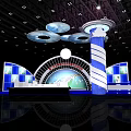Modern Exhibition Reception Desk Design With LED Lighting Digital Screens And Blue Accents