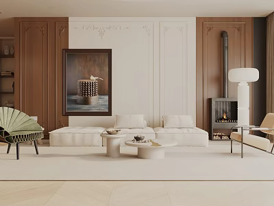 Elegant Modern Living Room Interior With Brown Wooden Cabinets Beige Sofa Fireplace And Herringbone Flooring 3d model