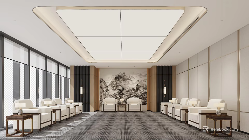 Modern Conference Room With White Sofa Seats Large Windows And Chinese Landscape Painting 3d model 
