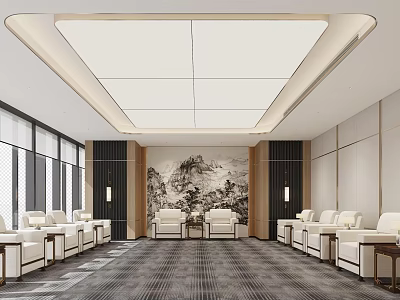 Modern Conference Room With White Sofa Seats Large Windows And Chinese Landscape Painting 3d model