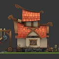 Cartoon House Scene With Red Tiled Roof Traditional Decorations Green Grass And Wooden Fence
