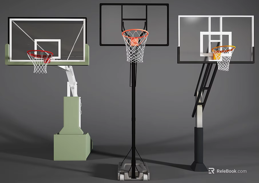 Basketball Hoop Sports Equipment Featuring Three Designs With Portable Fixed Frames And Transparent Backboards 3d model 