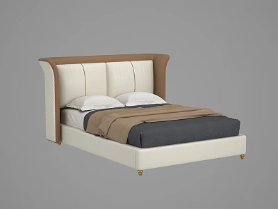 Double Bed With Brown And White Upholstered Headboard White Frame Golden Legs 3d model