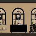 Stylish Entryway Side Cabinets White Dark Grey Patterned with Vases Fruits Books Against Arched Windows