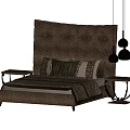 Elegant Double Bed with Textured Headboard Decorative Pillows Side Tables and Hanging Pendant Lights