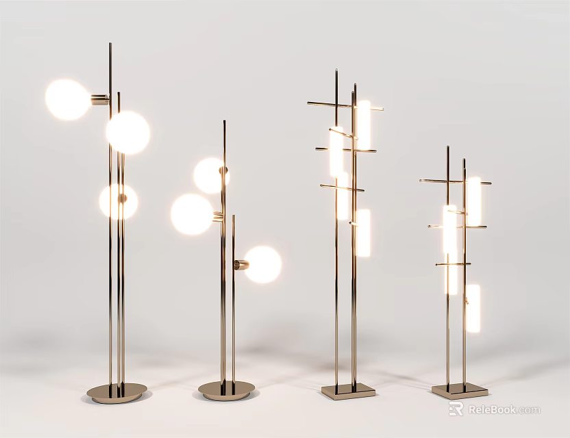Modern Floor Lamps With Metal Stands And Spherical Rectangular Bulbs For Interior Decor 3d model 