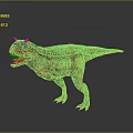 Red Dinosaur Model With Green Stripes Horned Head Open Mouth Standing On Gray Reflective Floor