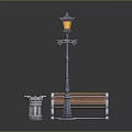 Outdoor Public Equipment Including Street Lamp Wooden Bench And Metal Trash Can