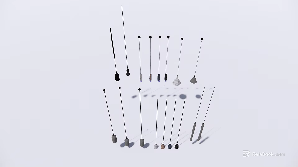 Various Modern Chandeliers With Different Designs And Metallic Pendants On White Background 3d model 
