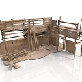 Traditional Wooden Architecture Model With Multiple Platforms Railings And Support Beams