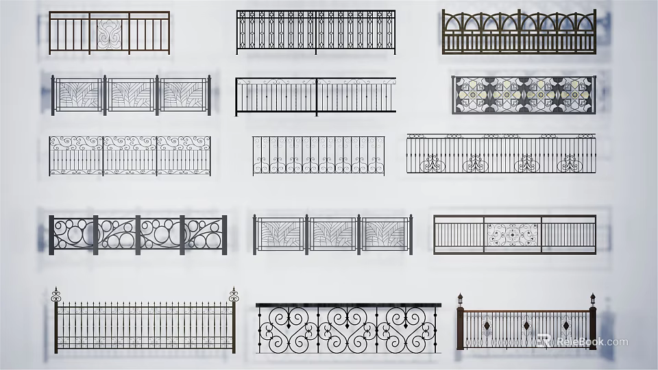 Decorative Wrought Iron Fence Featuring Various Ornate Designs And Intricate Patterns 3d model