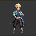 Cute Blonde Cartoon Character Wearing Blue Kimono Coat And Brown Clothes On Dark Background