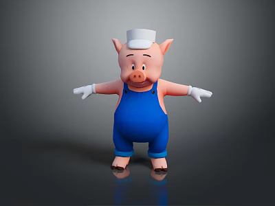 Cartoon Pig Wearing White Hat And Blue Overalls With Open Arms On Shiny Black Floor 3d model