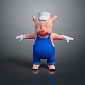 Cartoon Pig Wearing White Hat And Blue Overalls With Open Arms On Shiny Black Floor