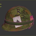 Green Camouflage Military Helmet with Born to Grill Writing Playing Card and Bullets