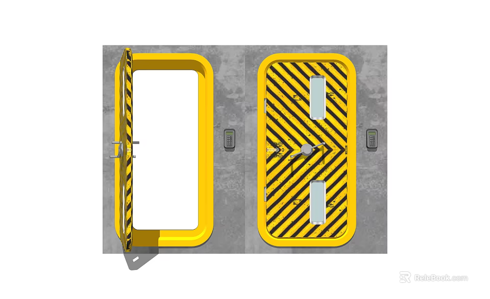 Yellow Security Door With Black Diagonal Stripes Open And Closed States On Gray Wall 3d model 