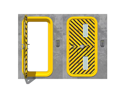 Yellow Security Door With Black Diagonal Stripes Open And Closed States On Gray Wall 3d model