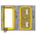 Yellow Security Door With Black Diagonal Stripes Open And Closed States On Gray Wall