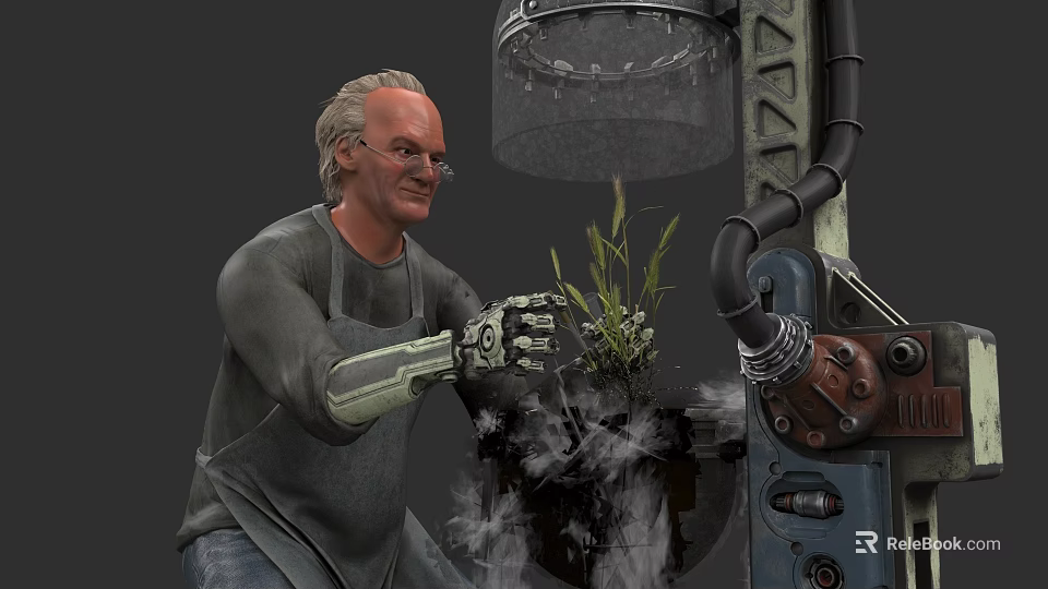 White Haired Game Character Wearing Goggles Gloves Apron Operating Machine With Metal Pipes And Plant 3d model 