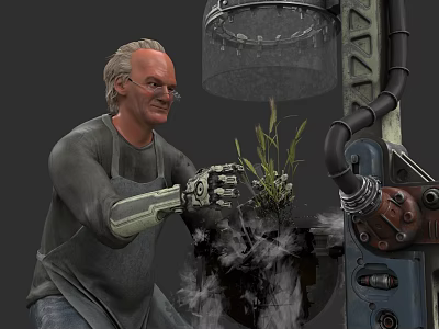 White Haired Game Character Wearing Goggles Gloves Apron Operating Machine With Metal Pipes And Plant 3d model