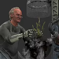 White Haired Game Character Wearing Goggles Gloves Apron Operating Machine With Metal Pipes And Plant