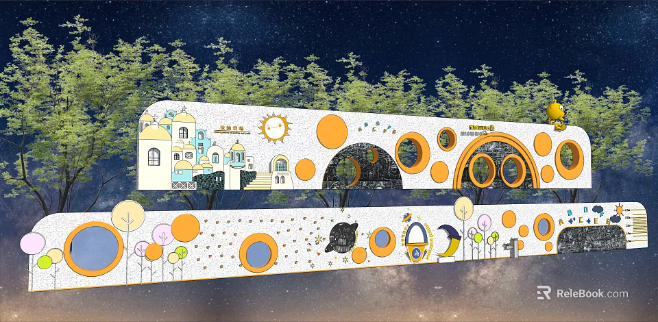 Cartoon Style Building Exterior Wall With Circular Decorations And Tree Background 3d model