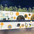 Cartoon Style Building Exterior Wall With Circular Decorations And Tree Background 3d model