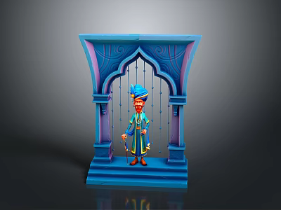 Cartoon Character in Blue Turban and Traditional Attire Standing in Blue Archway Holding Cane 3d model