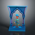 Cartoon Character in Blue Turban and Traditional Attire Standing in Blue Archway Holding Cane