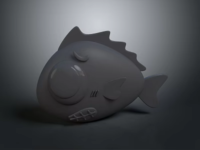 Gray Cartoon Fish Plush Toy With Big Eyes Wavy Fin And Toothy Mouth 3d model