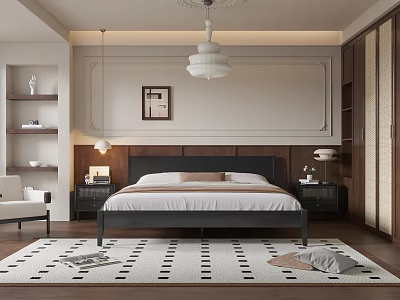 Modern Bedroom Interior Design With Black Bed Wall Paneling Chandelier And Geometric Rug 3d model