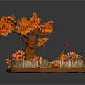 Cartoon Autumn Scene With Maple Tree Orange Leaves Pumpkins Wooden Bench And Fence
