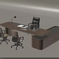 Modern Wooden Office Desk Setup With Ergonomic Chairs Computer Monitor And Desk Lamp