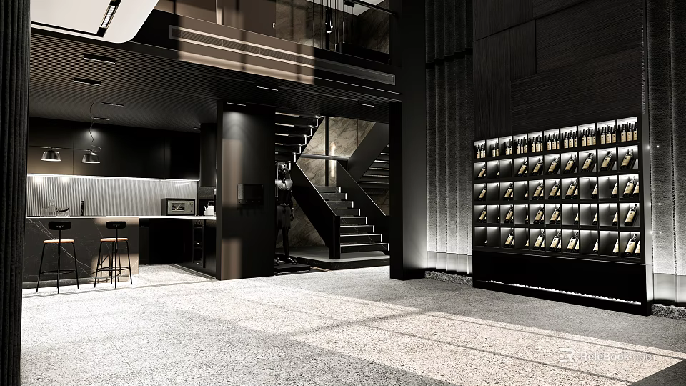 Modern Duplex Living Room Interior With High Ceiling Staircase And Open Space Design 3d model